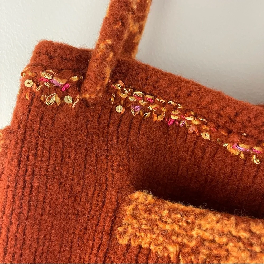 90s Burnt Orange Handmade Sequin Knit Felted Wool Slouchy Hobo Shoulder Bag Tote
